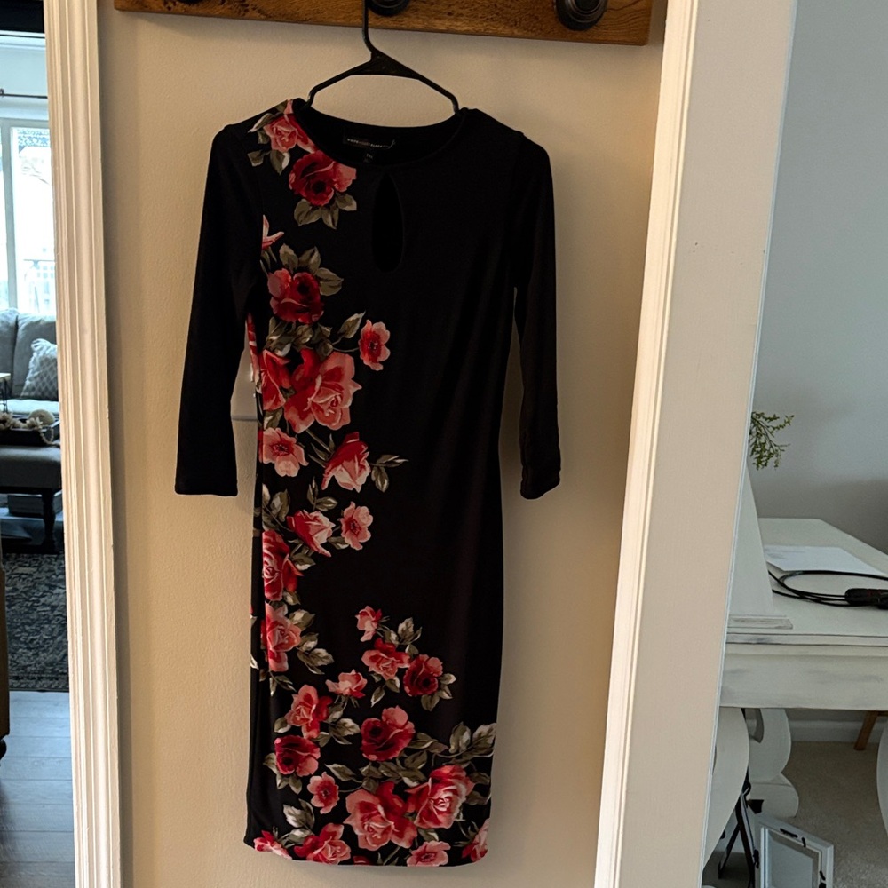 White House Black Market Black Dress with Red Floral Design